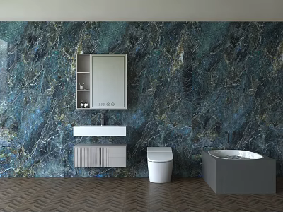 Modern Bathroom Washbasin Design with Marble Wall Mirror Toilet and Bathtub on Wooden Floor 3d model