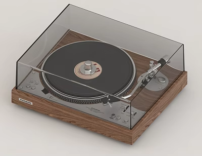 HiFi Headphone Audio Turntable With Wooden Base Transparent Cover Black Record And Silver Tonearm 3d model