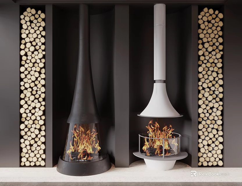 Modern Black White Conical Fireplaces With Burning Flames And Wood Logs 3d model 