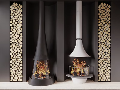 Modern Black White Conical Fireplaces With Burning Flames And Wood Logs 3d model