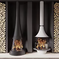 Modern Black White Conical Fireplaces With Burning Flames And Wood Logs