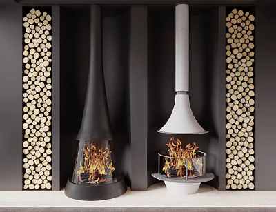Modern Black White Conical Fireplaces With Burning Flames And Wood Logs 3d model