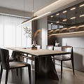 Modern Restaurant Interior With Dining Table Black Chairs Pendant Lights And Decorative Plants