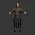 3D Character Design Of Bald Male With Dark Shirt Black Pants Brown Boots And Gloves