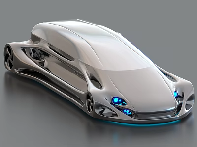 Futuristic Silver Car With Streamlined Design And Blue Lights 3d model