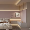 Cozy Modern Bedroom Interior With White Bed LED Lighting Nightstand Table Lamp Blinds And Rug