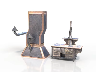 Vintage Kitchen Stove Furniture With Tall Curved Pipe Pointed Top And Low Cabinet Drawers Chimney 3d model