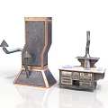 Vintage Kitchen Stove Furniture With Tall Curved Pipe Pointed Top And Low Cabinet Drawers Chimney