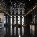 Minimalist Store Front Desk With Metallic Texture Marble Countertop Wooden Backdrop And Lighting Design