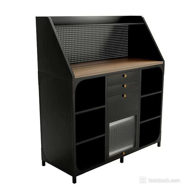 Black Sideboard With Wooden Top Perforated Panel Three Drawers And Open Shelves 3d model 