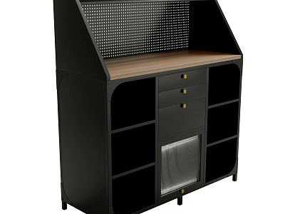 Black Sideboard With Wooden Top Perforated Panel Three Drawers And Open Shelves 3d model