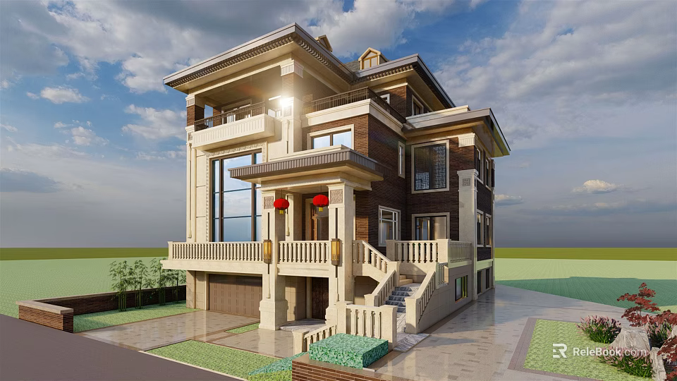 Elegant Modern Detached Villa Exterior With Balcony Garage Driveway And Lawn 3d model 