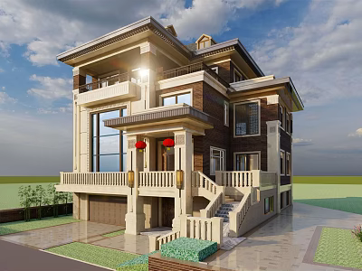 Elegant Modern Detached Villa Exterior With Balcony Garage Driveway And Lawn 3d model