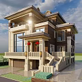 Elegant Modern Detached Villa Exterior With Balcony Garage Driveway And Lawn
