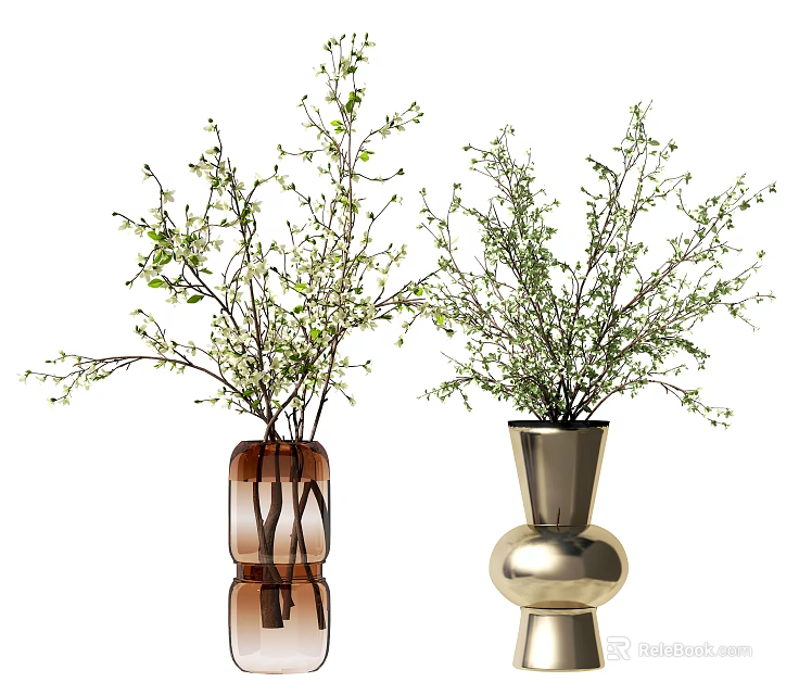Brown Textured Vase And Golden Metallic Vase With Leafy Green Branches For Interior Decor 3d model 