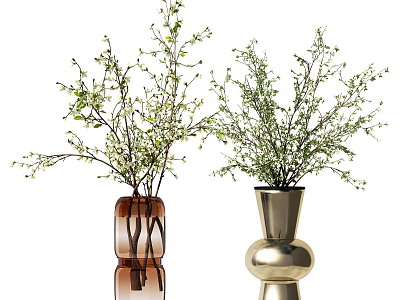 Brown Textured Vase And Golden Metallic Vase With Leafy Green Branches For Interior Decor 3d model