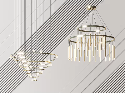 Modern Circular Chandeliers With Long Tube Lights And Striped Background Design 3d model