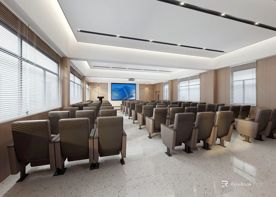 Modern School Auditorium With Rows Of Chairs Large Screen Windows And Bright Lighting 3d model 