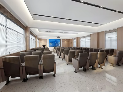 Modern School Auditorium With Rows Of Chairs Large Screen Windows And Bright Lighting 3d model