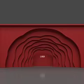 Red Decorative Feature Wall with Layered Wavy Curves and Central Logo 3d model