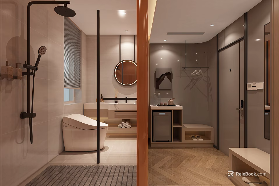 Hotel Guest Room Modern Bathroom With Freestanding Bathtub Round Mirror Shower And Herringbone Wooden Floor 3d model 