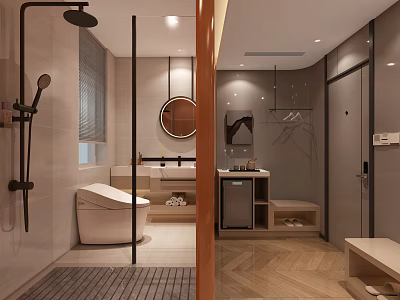 Hotel Guest Room Modern Bathroom With Freestanding Bathtub Round Mirror Shower And Herringbone Wooden Floor 3d model