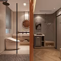 Hotel Guest Room Modern Bathroom With Freestanding Bathtub Round Mirror Shower And Herringbone Wooden Floor
