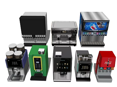 Diverse Commercial Beverage Equipment Including Coffee Machines Soda Dispensers Hot Drink Makers And Branded Logos 3d model