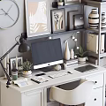 Modern Home Office Desk With Computer Lamp Potted Plants Shelves Wall Clock And Decorative Frames