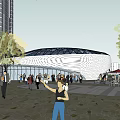Modern Futuristic Architecture Plaza With Round Glass Roof Pedestrians And Vehicles