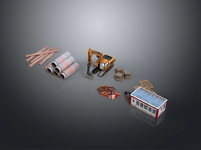 Orange Excavator as Functional Vehicle with Wooden Planks Pipes Bricks and Small Building Structure 3d model