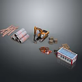 Orange Excavator as Functional Vehicle with Wooden Planks Pipes Bricks and Small Building Structure