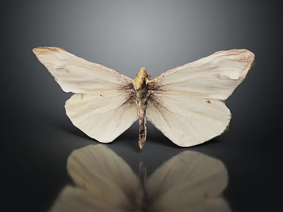 Detailed View Of White Moth Displaying Delicate Wing Texture On Dark Background With Reflection 3d model