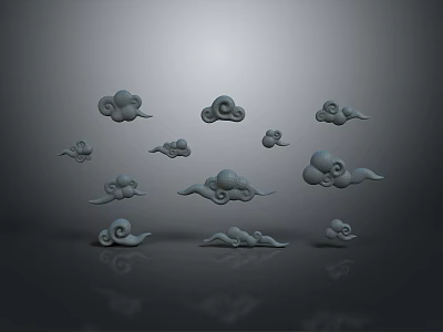 Multiple Gray Cloud Motifs on Gray Gradient Background with Reflections 3d model