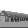 Industrial Warehouse Arched Metal Construction Exterior With White Door And Windows Under Blue Sky And Clouds