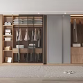 Modern Wardrobe Interior With Hanging Clothes Wooden Shelves And Glass Doors