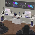 Modern Gaming Desk With Dual Monitors Laptop RGB Lighting Keyboard Headphones And PC Case