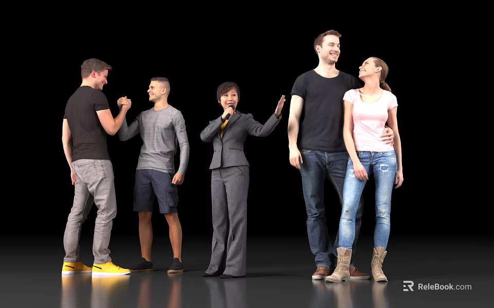 Group of People Standing Together Interacting With Black Background And Mixed Attire 3d model 