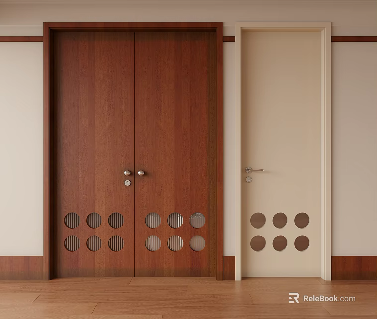 Brown And Beige Swing Doors With Circular Cutout Patterns In Modern Interior 3d model