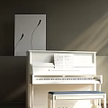 White Piano With Sheet Music And Wall Painting Featuring Black Lines In Room
