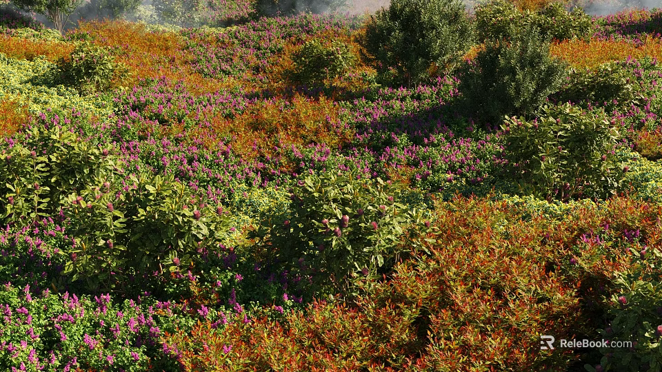 Vibrant Shrub Garden with Colorful Foliage and Purple Flowers in Natural Landscape 3d model 
