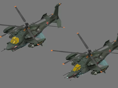 Two Green Military Helicopters With Yellow Cockpit Rotors Weapons And 3D Rendering 3d model