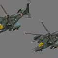 Two Green Military Helicopters With Yellow Cockpit Rotors Weapons And 3D Rendering