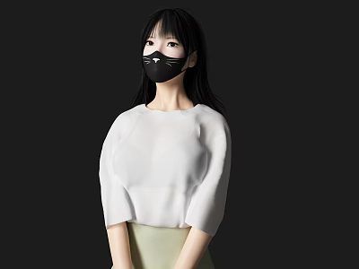 Woman Wearing White Top and Light Green Skirt with Black Mask Against Black Background 3d model