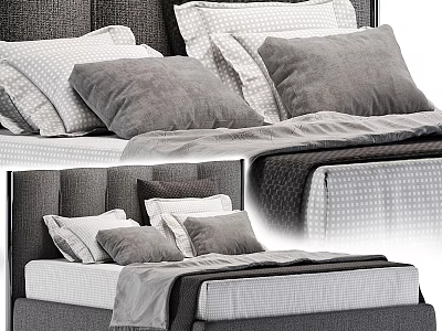 Modern Gray Double Bed With White Polka Dot Pillows And Soft Bed Sheets 3d model
