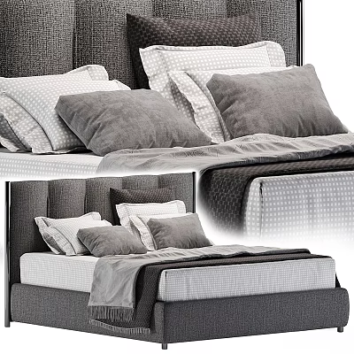 Modern Gray Double Bed With White Polka Dot Pillows And Soft Bed Sheets 3d model
