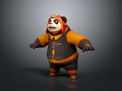 3D Animated Game Character Panda In Pilot Outfit With Goggles Orange Stripes Black Vest 3d model