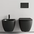 Sleek Black Wall Mounted Toilet With Matching Sink And Modern Faucet In Bathroom