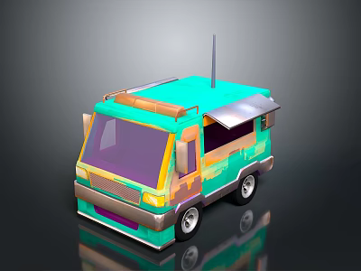 Colorful 3D Food Truck Model With Turquoise Green Orange Design Purple Windows Awning And Antenna 3d model