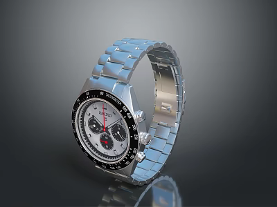 Stainless Steel Watch With Blue Strap Silver Case Black Dial Red Hands And White Markers 3d model